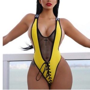 Mesh Lace Up Yellow OMG Monokini Bodysuit